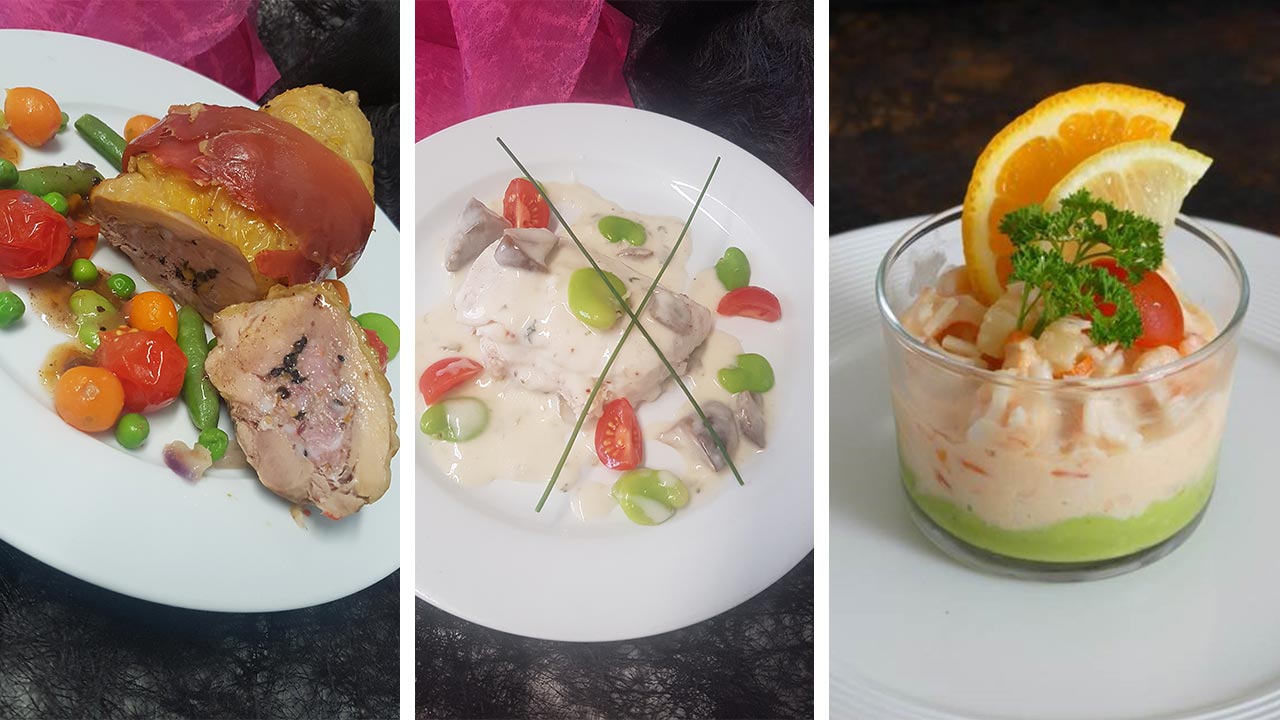 gigolette poulet merlu fevettes cepes verrine pulpe avocat crevettes